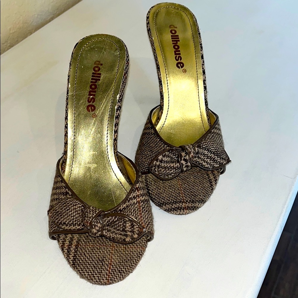 👡 Dollhouse Brown Plaid Houndstooth Slip-on Heels with Bow Detail